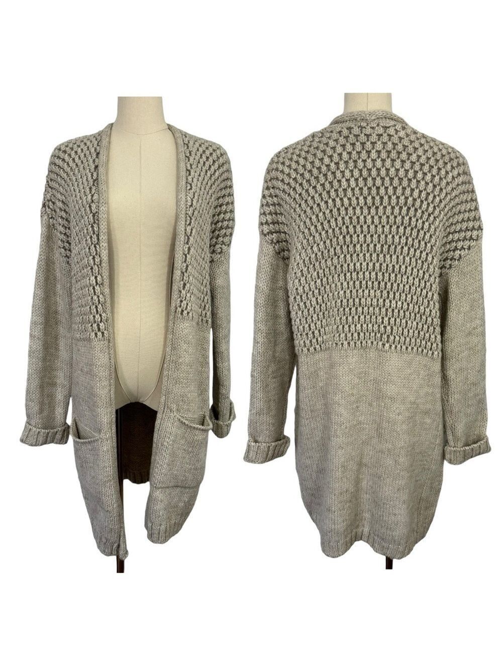 Kismet Chunky Knit Cardigan Sweater Womens S Cream Grey Neutral Casual Cozy EUC